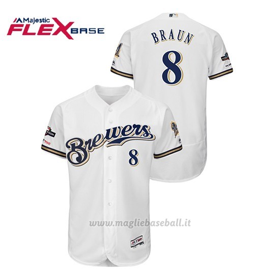 Maglia Baseball Uomo Milwaukee Brewers 8 Ryan Braun 2019 Postseason Flex Base Bianco